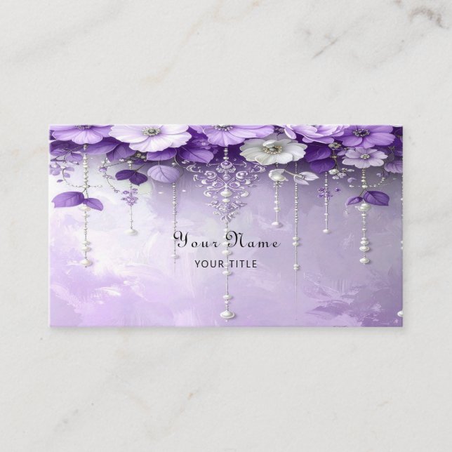 Carte De Visite Purple Flowers with Dangling Pearls Business Card (Devant)