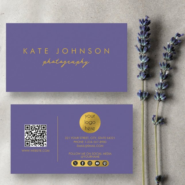 Carte De Visite Purple Gold Modern Script QR Code Social Media B (Purple Gold Modern Script QR Code Social Media B Business Card)