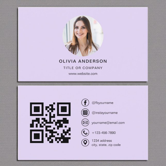 Carte De Visite Purple Lavender Photo avec QR Code Médias sociaux (Créateur téléchargé)