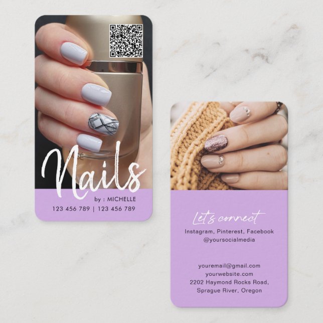 Carte De Visite Purple Modern chic code QR ongles photo (Devant / Derrière)
