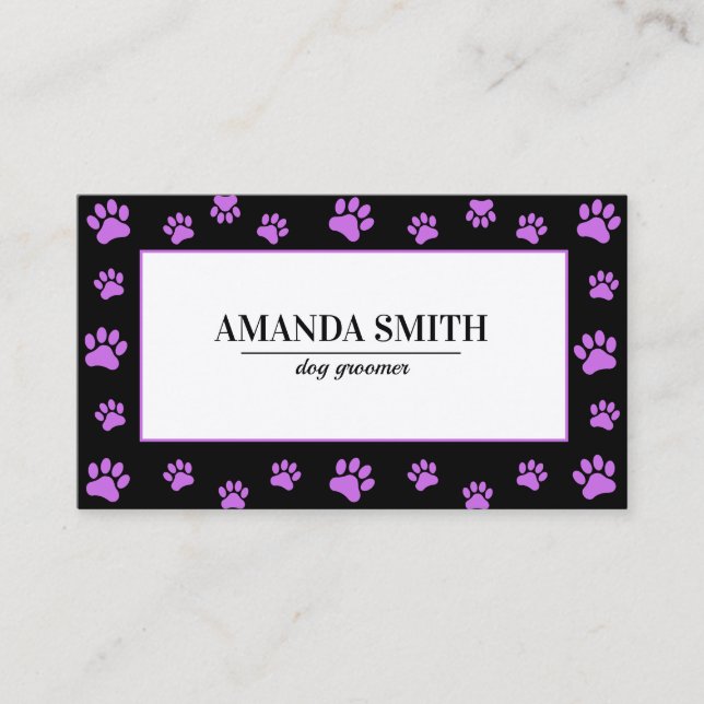Carte De Visite Purple Paw Prints Black Dog Groomer Business Card (Devant)