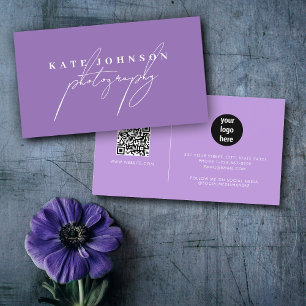 Carte De Visite Purple Signature Script QR Code Médias sociaux