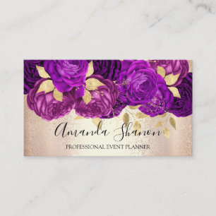 Carte De Visite PurpleRose Gold Flowers Logo Event Planner QR Code