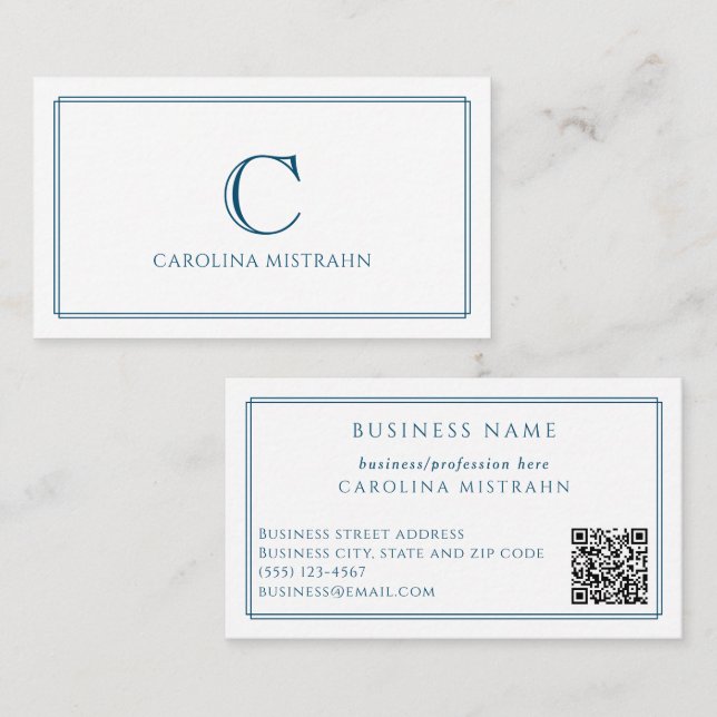 Carte De Visite QR Code à bordure bleu marine élégante Monogramme (Devant / Derrière)