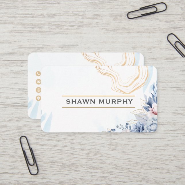 Carte de visite QR Code à ligne dorée florale élég (Devant/Arrière en situation)