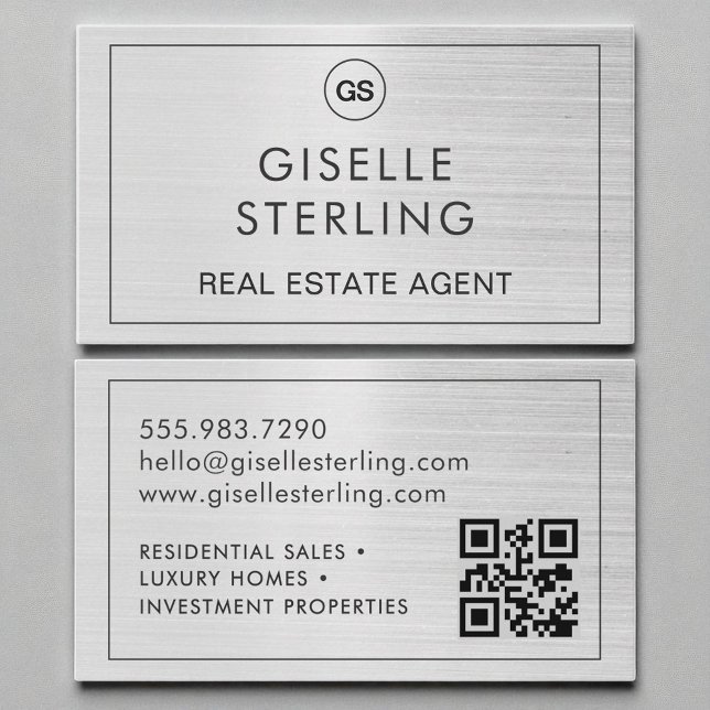 Carte De Visite QR Code agent immobilier brossé monogramme argent  (Créateur téléchargé)
