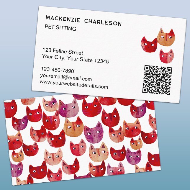 Carte de visite QR Code amusante pour gardien de c (Fun watercolor kitty cat pet or cat sitter business cards)
