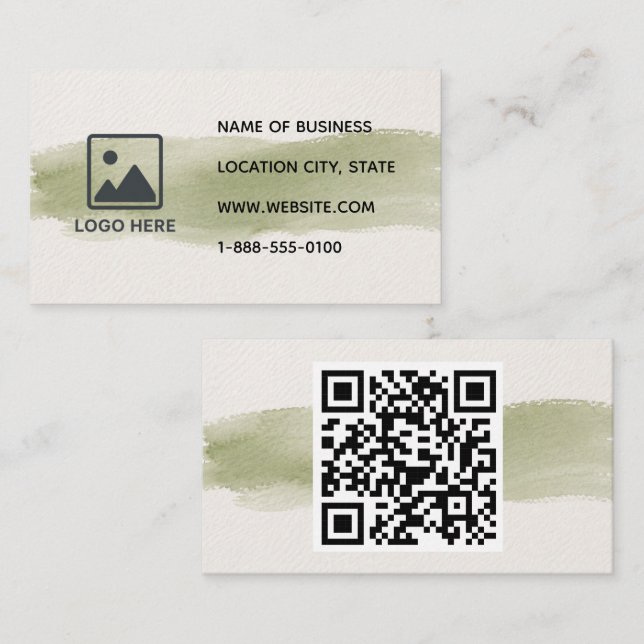 Carte de visite QR Code Aquarelle Vert Sauge (Devant / Derrière)