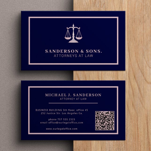 Carte De Visite QR code attorney lawyer professional rosegold navy (Créateur téléchargé)