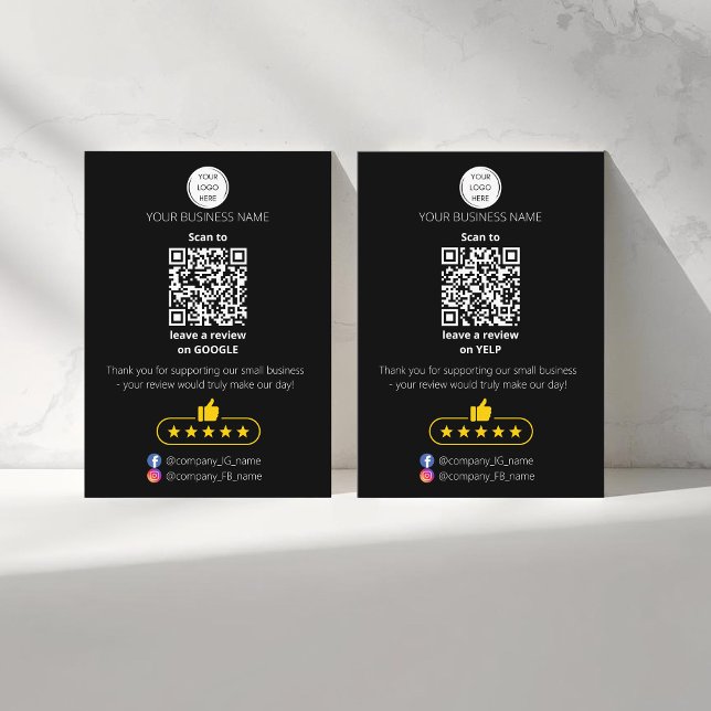 Carte De Visite QR code avis petite entreprise GOOGLE et YELP  (Two sided QR-code "leave a review" business card. Five stars review. Custom logo, yelp and google)