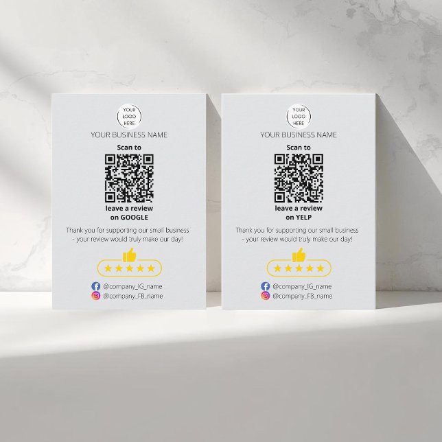 Carte De Visite QR code avis petite entreprise GOOGLE et YELP  (Two sided QR-code "leave a review" business card. Five stars review. Custom logo, yelp and google)