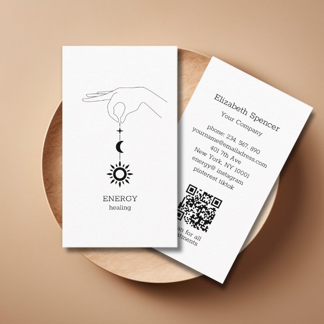 Carte de visite QR-Code Blanche Soleil Lune (White Hand Sun Moon Illustration QR Code Business Card. Modern Whimsical. )