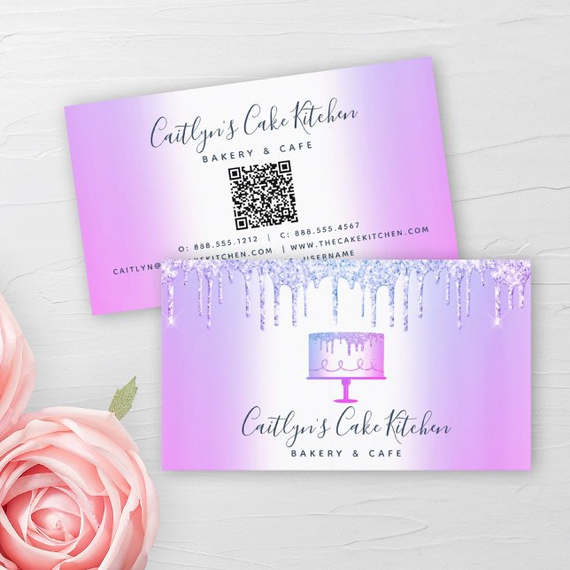 Carte De Visite QR Code Boulangerie Cake Purple Parties scintillan (Créateur téléchargé)