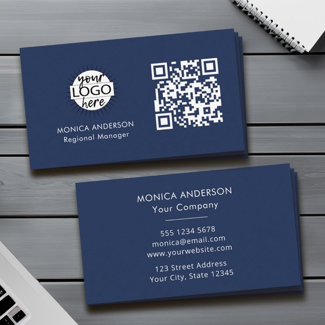 Carte De Visite QR Code Business Logo Marine Modern Professional (Custom QR Code Logo Modern Navy Blue Business Card)