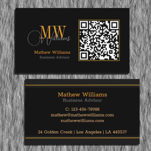 Carte De Visite QR Code Business, Moderne   Black Monogram Pro