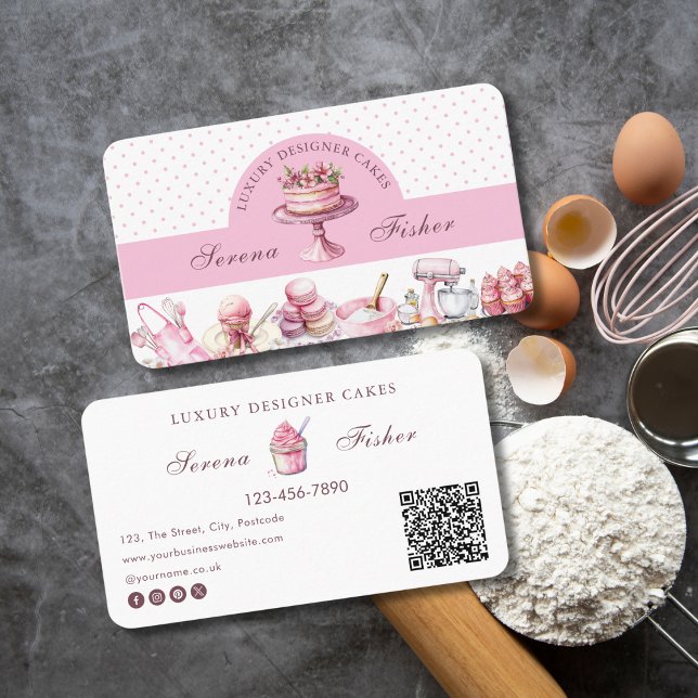 Carte De Visite QR Code Cake Baker Polka Dot Chic Pink Business (Créateur téléchargé)