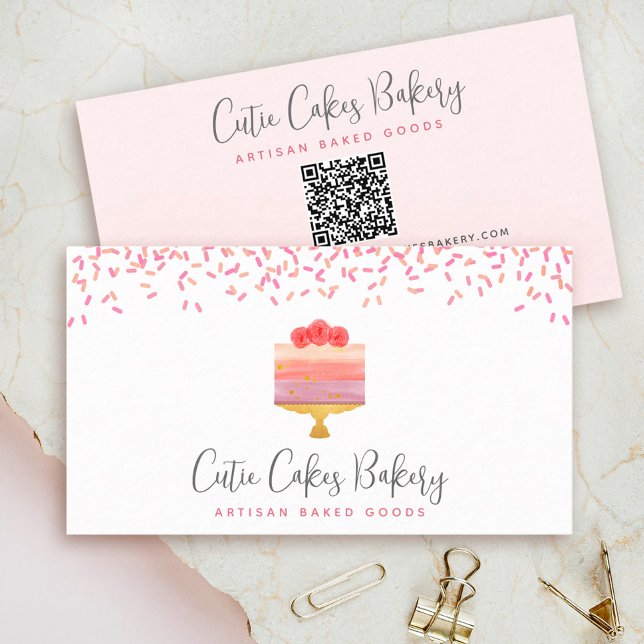 Carte De Visite QR Code Cake Rose Ombre Saupoudrer Pâtisserie Chef (Créateur téléchargé)