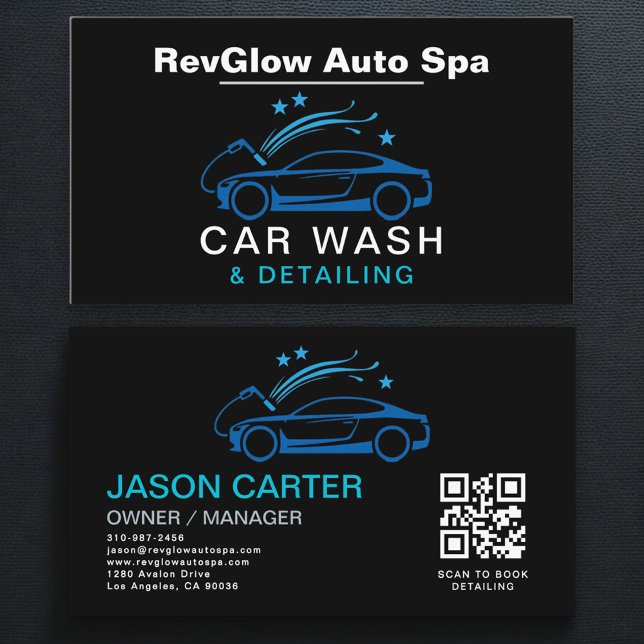 Carte De Visite QR Code Car Wash & Detailing Blue Luxury Style (Créateur téléchargé)