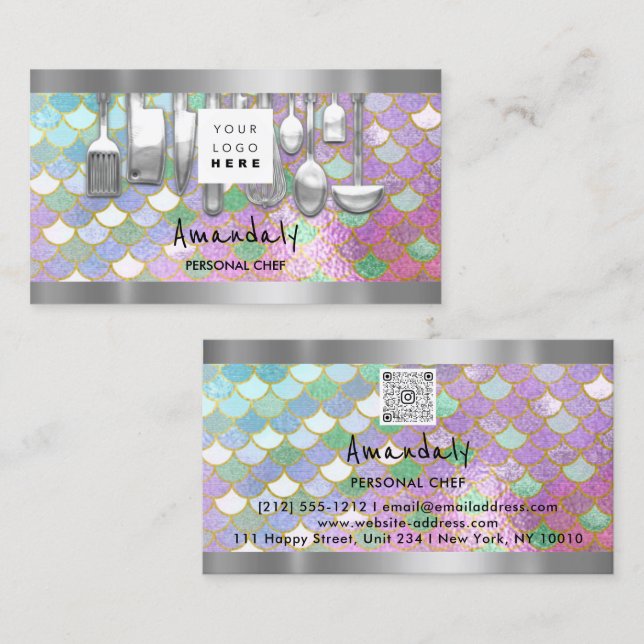 Carte De Visite QR Code Chef personnel Cuisine Restaurant Mermaid (Devant / Derrière)