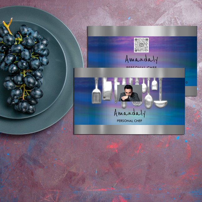 Carte De Visite QR Code Chef personnel Cuisine Restaurant Photo (QR Code Personal Chef Cooking Restaurant Photo Business Card)
