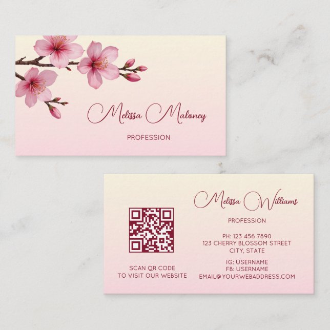 Carte De Visite QR Code | Cherry Blossom Pink (Devant / Derrière)