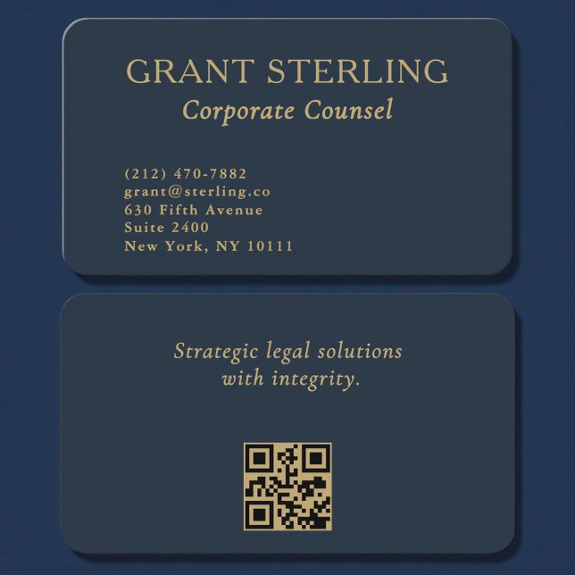 Carte De Visite QR Code Corporate Counsel Navy Blue Gold  (Créateur téléchargé)