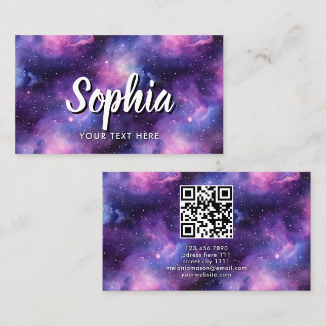 Carte De Visite QR Code Cosmic Galaxy Stars Purple Nebula (Devant / Derrière)