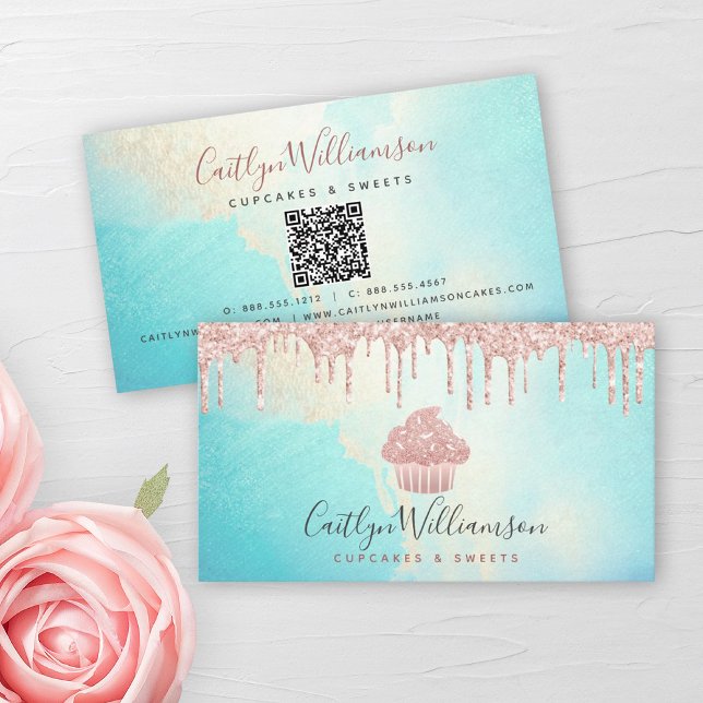 Carte De Visite QR Code Cupcake Rose Rose Parties scintillant Aqua (Créateur téléchargé)