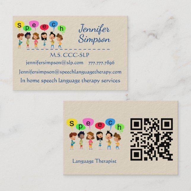 Carte De Visite QR Code Cute Kids Cartoon Holding Speech Words (Devant / Derrière)