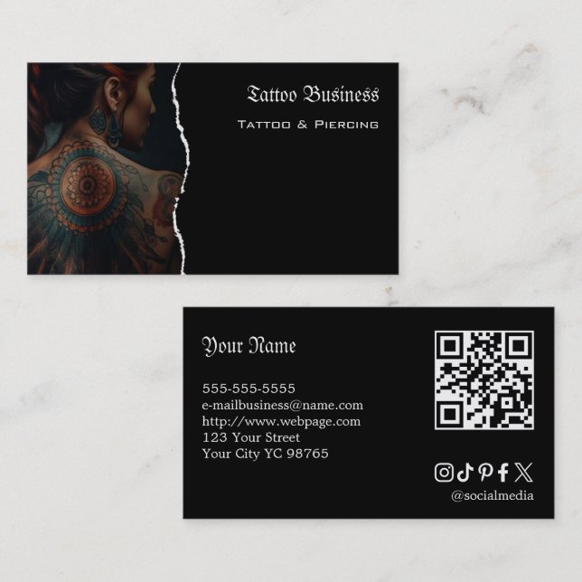 Carte de visite QR code de salon d'artiste de tato (Devant / Derrière)