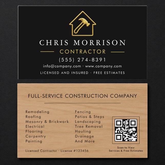 Carte de visite QR Code en bois de luxe noir et or (Créateur téléchargé)