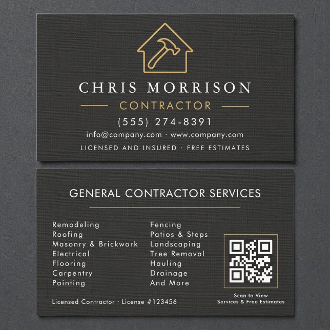 Carte de visite QR Code en lin noir or pour la con (Créateur téléchargé)