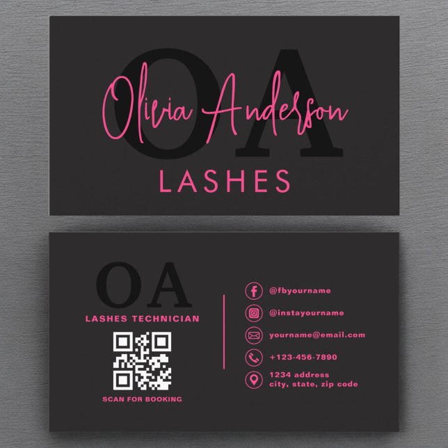 Carte De Visite QR Code Eye Lashes Technicien Hot Pink Noir (Créateur téléchargé)