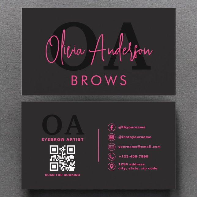 Carte De Visite QR Code Eyebrows Brows Artiste Hot Pink Black (Créateur téléchargé)