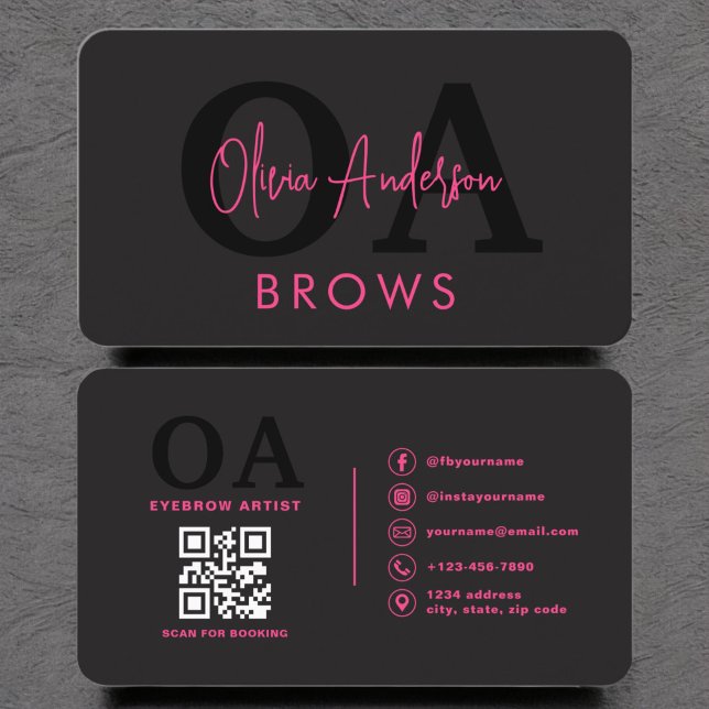Carte De Visite QR Code Eyebrows Brows Artiste Hot Pink Black (Créateur téléchargé)