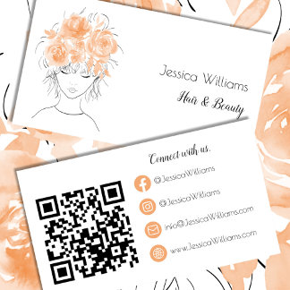 Carte De Visite QR code fille mignonne pêches aquarelle rose flora