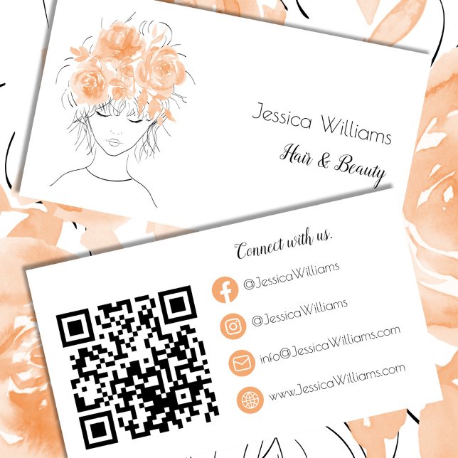 Carte De Visite QR code fille mignonne pêches aquarelle rose flora (Créateur téléchargé)