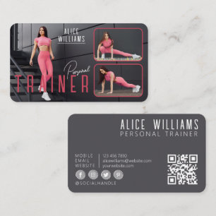 Carte De Visite QR Code Fitness Pink & Grey Personal Trainer Photo