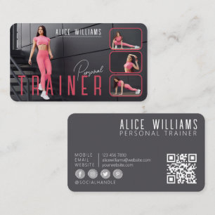 Carte De Visite QR Code Fitness Pink & Grey Personal Trainer Photo