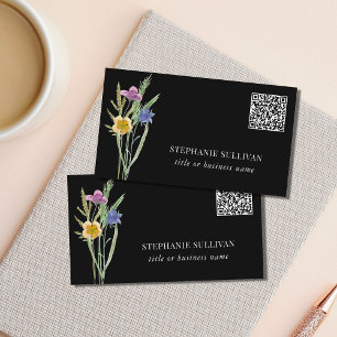 Carte De Visite QR Code Fleur sauvage professionnel noir