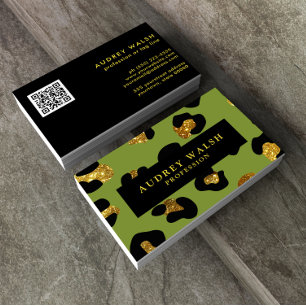 Carte De Visite QR CODE Glam Parties scintillant Gold Green Emprei