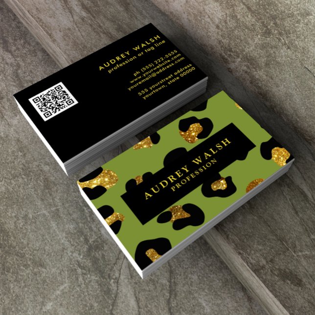 Carte De Visite QR CODE Glam Parties scintillant Gold Green Emprei (Créateur téléchargé)