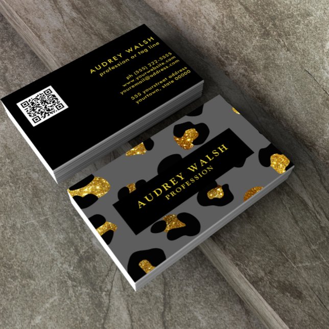 Carte De Visite QR CODE Glam Parties scintillant Gold Grey Emprein (Créateur téléchargé)