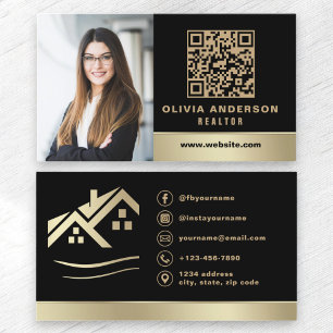 Carte De Visite QR Code Gold House Noir Réalisateur immobilier