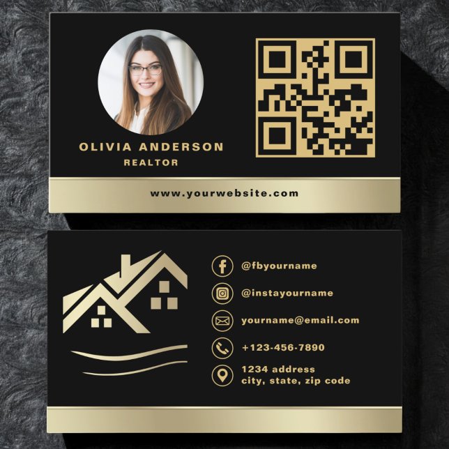 Carte De Visite QR Code Gold House Noir Réalisateur immobilier (Créateur téléchargé)