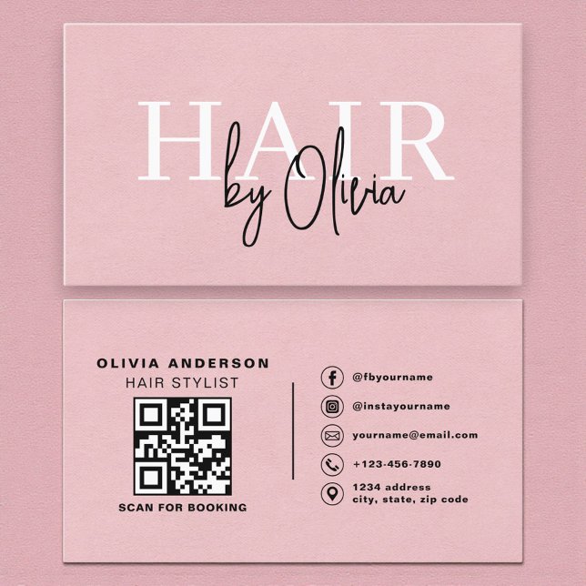 Carte De Visite QR Code Hair Stylist Pink Suede Typography  (Créateur téléchargé)