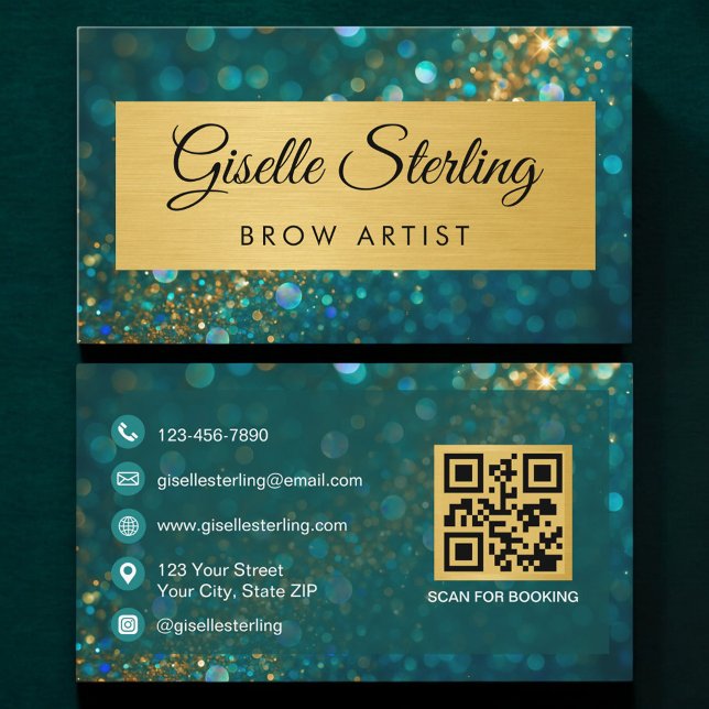 Carte De Visite QR Code Luxury Brow Artist Gold Teal Glitter  (Créateur téléchargé)