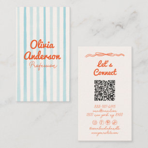Carte De Visite QR Code main dessiné écrit bleu orange Whimsy Boho