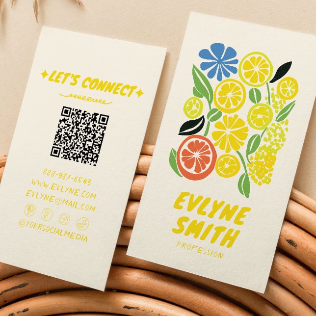 Carte De Visite QR Code main tiré Lemonade Jaune Rétro été (Créateur téléchargé)