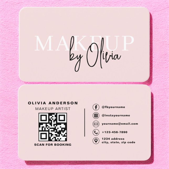 Carte De Visite QR Code maquillage Artiste Blush rose médias socia (Créateur téléchargé)